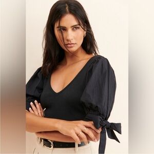 Anthropologie Maeve Puffy Tie Bow Short Sleeve Top Black V Neck Size MEDIUM